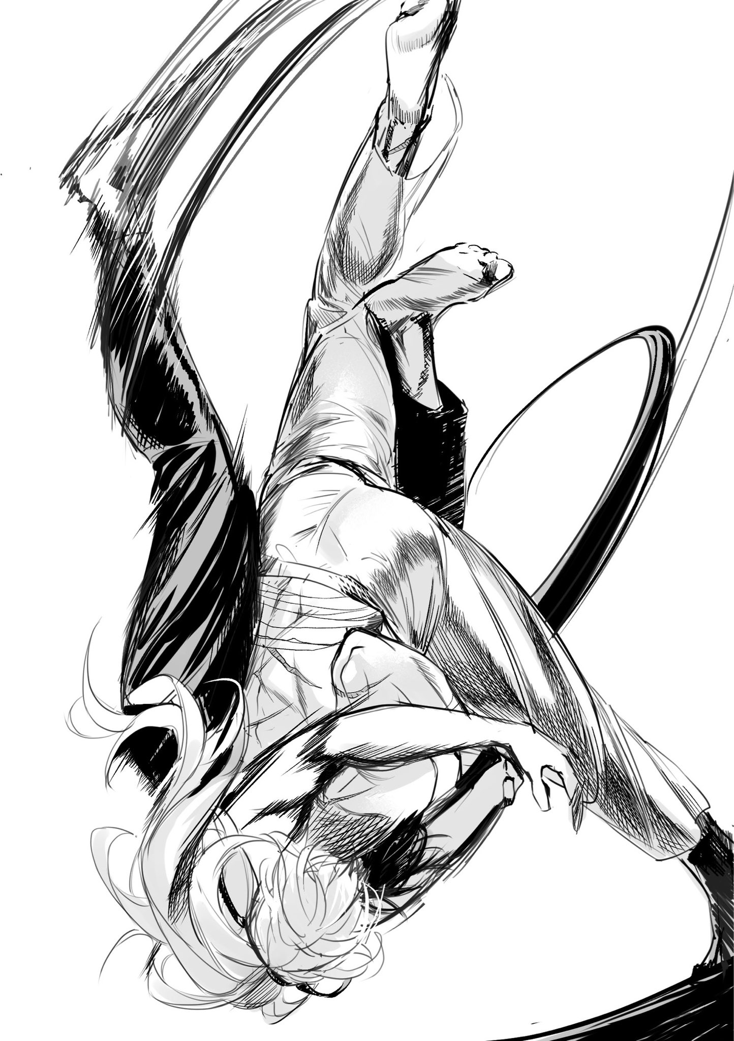 a black and white manga style sketch of two characters midfight. the woman is on top and appears to be in a dominant position. she has long flowing hair and is using a swift kick on the male character. the characters are both drawn with a lot of energy and motion, and the scene is very dynamic. the background is a blur of black and white lines, which add to the feeling of speed and power. the artwork is very well done and captures the energy of a battle.
