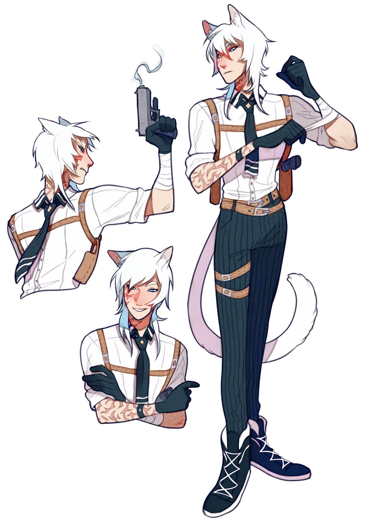 the image showcases a character sheet of a male character design. he is designed as a catboy with white cat ears and a matching tail. his attire is inspired by detective or secret agent aesthetics, with a white buttonup shirt, a black tie, a brown holster and gun, black gloves, and pinstripe pants held up by suspenders. he has light blue eyes and striking red markings on his face and arms. the character is presented in various poses, including holding a gun, suggesting action and intrigue.