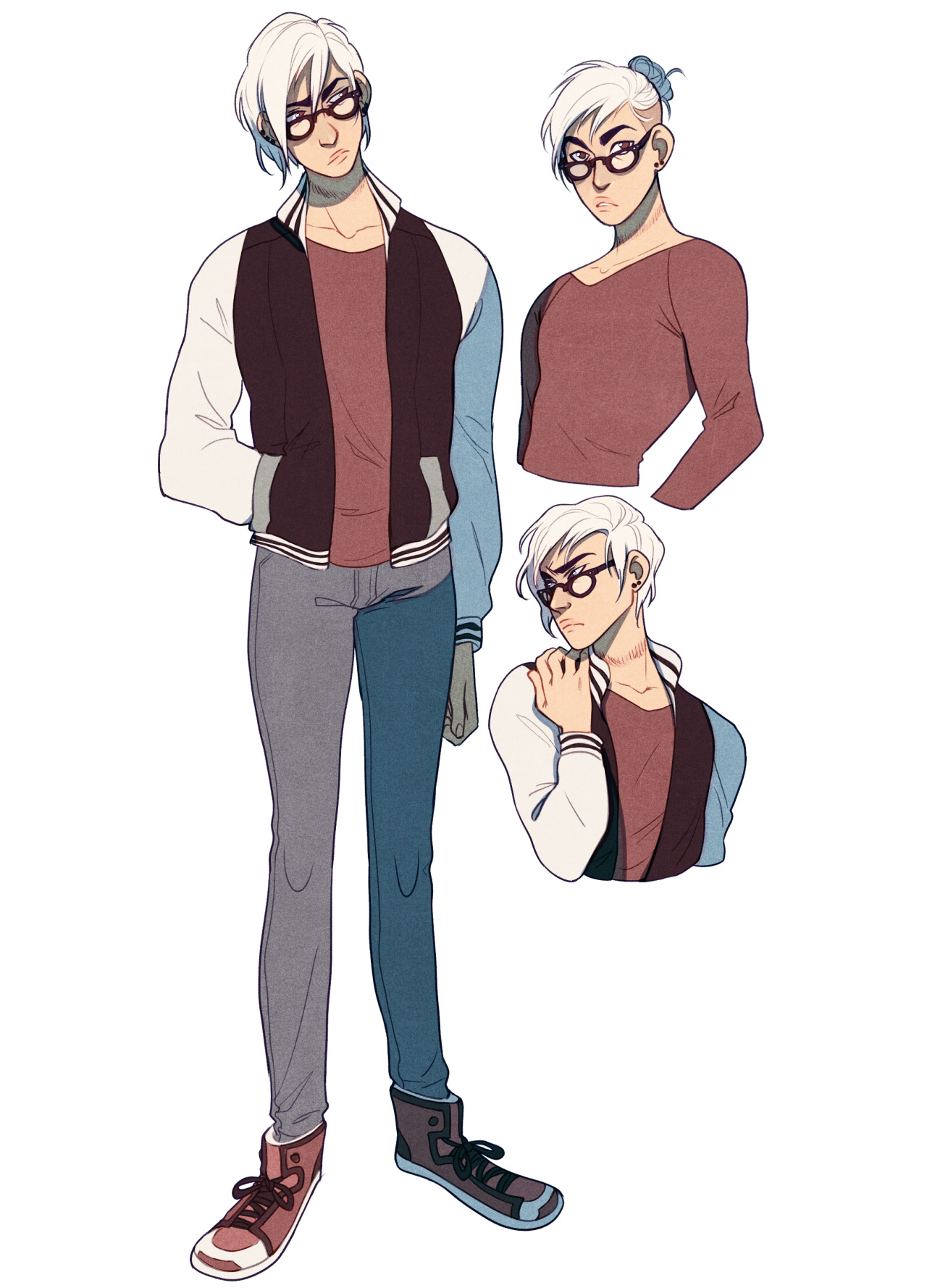 a digital sketch page of a young man with white hair and glasses. he is wearing a red tshirt, grey jeans, a white and blue varsity jacket, and red sneakers. the drawing depicts him in various poses and angles, showcasing his outfit and overall appearance. the style is loose and expressive, with a focus on capturing movement and personality.