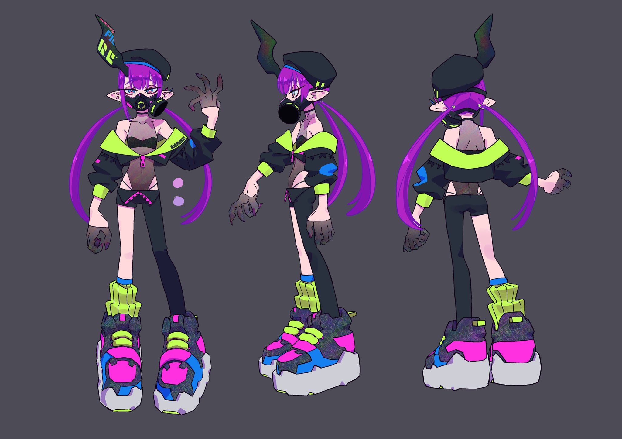 this image showcases a threeview character design (front, side, and back) of a female character who embodies a futuristic, cyberpunk aesthetic. she has purple hair, elflike ears, and wears a black gas mask. her clothing consists of a black crop top with green neon accents, black shorts, and chunky platform shoes with a vibrant color scheme. she also sports a black beret and gloves. the background is a solid dark purple.