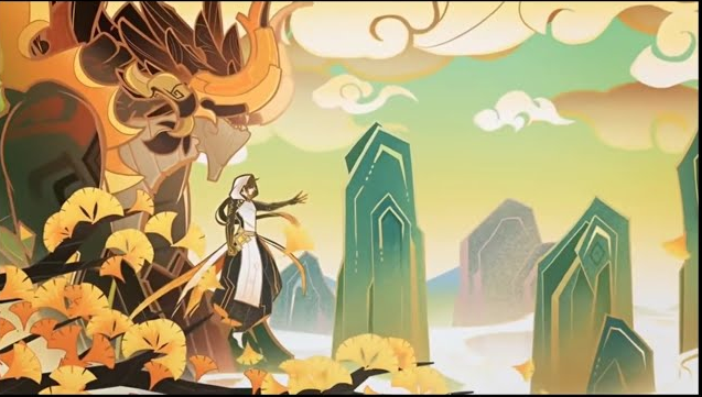 the image is a digital art piece that depicts a character from the video game genshin impact standing in a fantasy landscape. the landscape is made up of green mountains, yellow flowers, and a giant orange tree. the character is a female with long black hair, wearing a white and black dress, and she's holding a sword. the sky is a pale blue, with fluffy white clouds. the image is in a cartoonish art style.