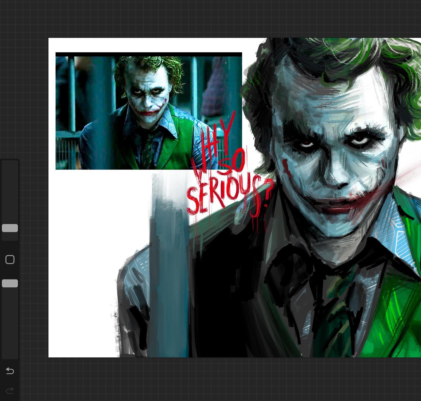 the image is an illustrative digital painting of heath ledger's portrayal of the joker from the movie the dark knight. rendered in a painterly style with visible brushstrokes, the image focuses on a frontal perspective of the joker's face. his signature clown makeup is smeared and exaggerated, emphasizing the character's chaotic nature. the color palette is dark and moody, with deep shadows and highlights that accentuate the joker's menacing grin. a smaller inset image, seemingly a film still, is placed in the upper left corner, showing the joker in a similar pose within a dimly lit prison cell. this juxtaposition connects the illustration to its cinematic origin. the phrase "why so serious?" partially obscures the smaller image, a direct reference to the joker's iconic line in the movie.