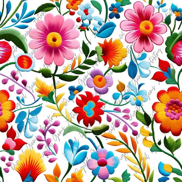 this is a bright and colorful image featuring a seamless pattern of embroidered flowers and leaves. the design is reminiscent of traditional folk art, possibly inspired by otomi embroidery. the flowers are in a variety of vibrant colors, including pink, blue, red, yellow, orange, and green.