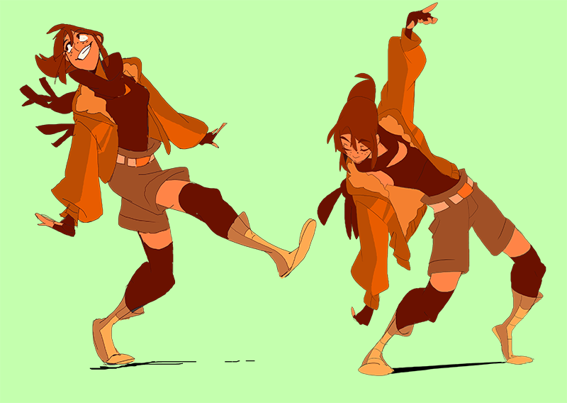 the illustration features two animated women dancing in a dynamic and playful manner. the woman on the left is depicted with her leg raised high in the air, kicking out, while the woman on the right is posed in a graceful, bending position. the animation style of the characters is stylized and expressive, with vibrant color palettes and bold lines. they wear similar outfits, consisting of a brown jacket over a black shirt with brown shorts and matching boots. both characters are seen smiling, suggesting joy and energy, highlighting a sense of fun and movement. the overall composition and the lively poses of the women create a dynamic and energetic scene, emphasizing the joy and spontaneity of dance.