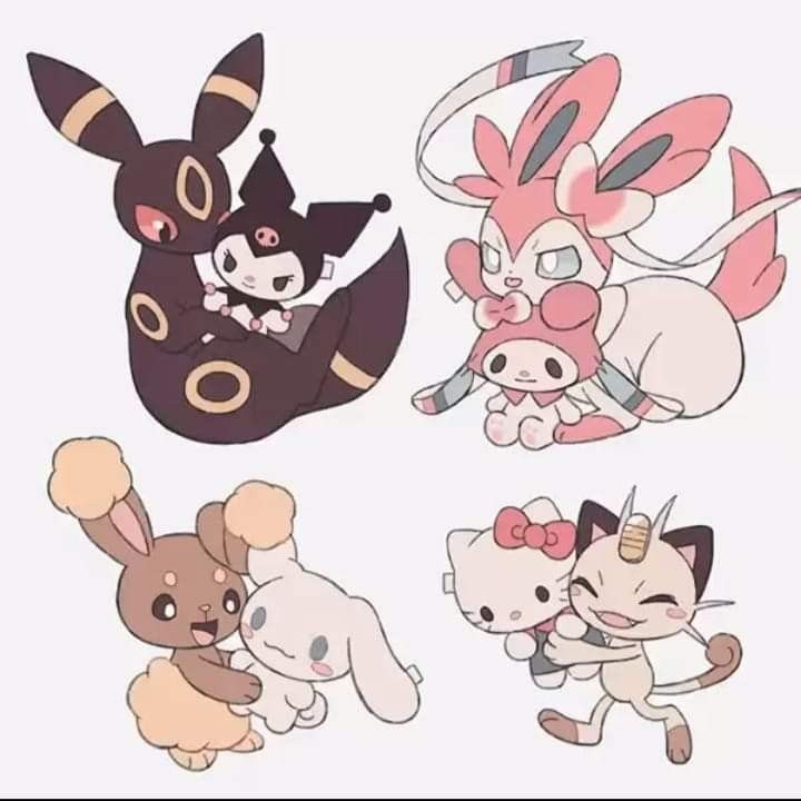 the image is a cute, stylized fanart drawing featuring a crossover between pokémon and sanrio characters.  several pairings are depicted: umbreon holding kuromi, gardevoir holding my melody, lopunny hugging cinnamoroll, and rockruff hugging hello kitty.  the art style is chibilike, with simplified features and soft colors, creating an overall kawaii (cute) aesthetic.  the characters are drawn in a way that emphasizes their adorableness.