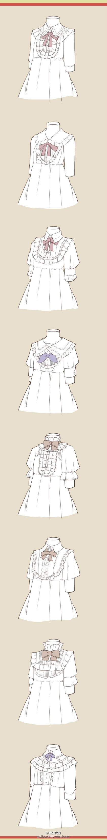 the image shows eight variations of a lolitastyle dress, each featuring a distinct collar and bow arrangement. the dresses are all white and drawn in a simple, clean line art style.
