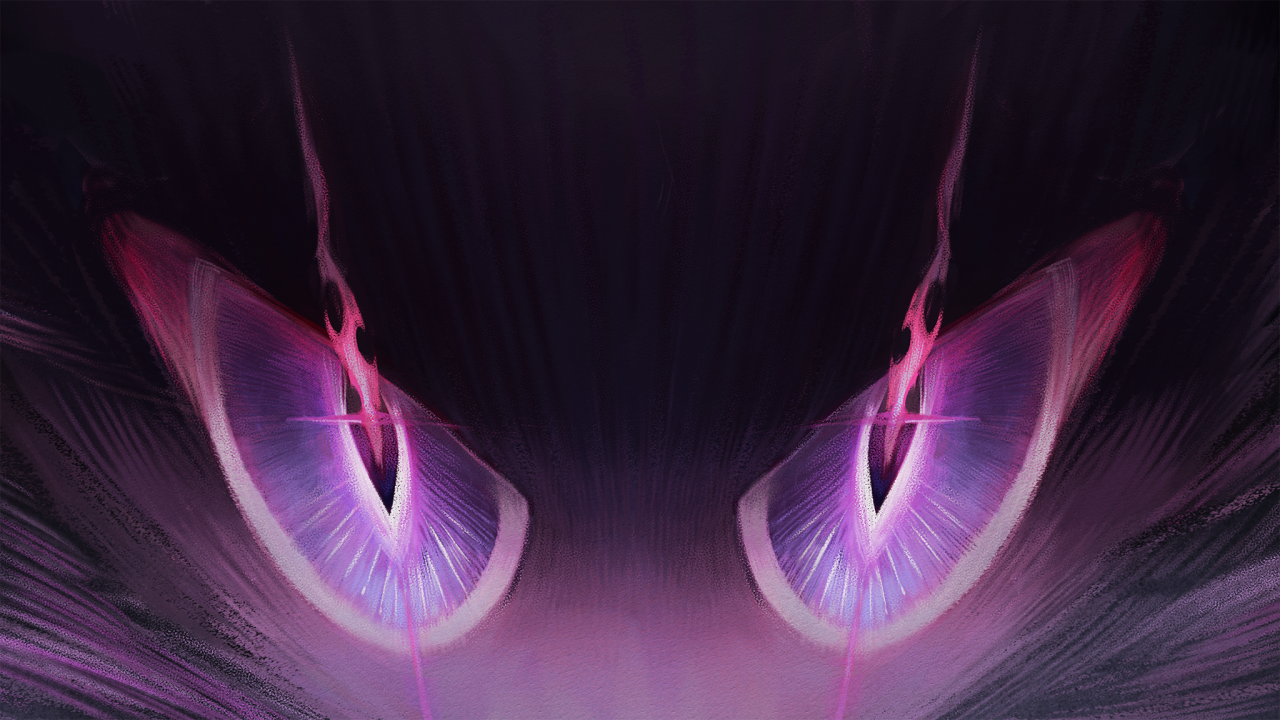 this digital illustration features a pair of glowing pink eyes that appear to be in a dark, shadowy environment. the eyes are surrounded by soft, light purple hues, adding to the mystical and mysterious feel of the artwork.  it's a captivating and somewhat eerie composition, likely inspired by fantasy and abstract art.