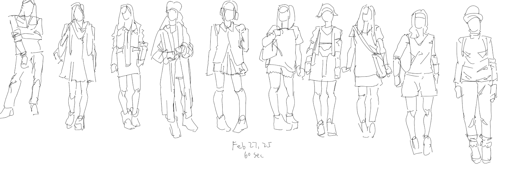 the image shows a series of quick sketches of women in different outfits, created as line art. the women are depicted standing, each wearing distinct clothing styles. the sketches are likely fashion illustrations or figure drawings, capturing the essence of street style and various outfit combinations.
