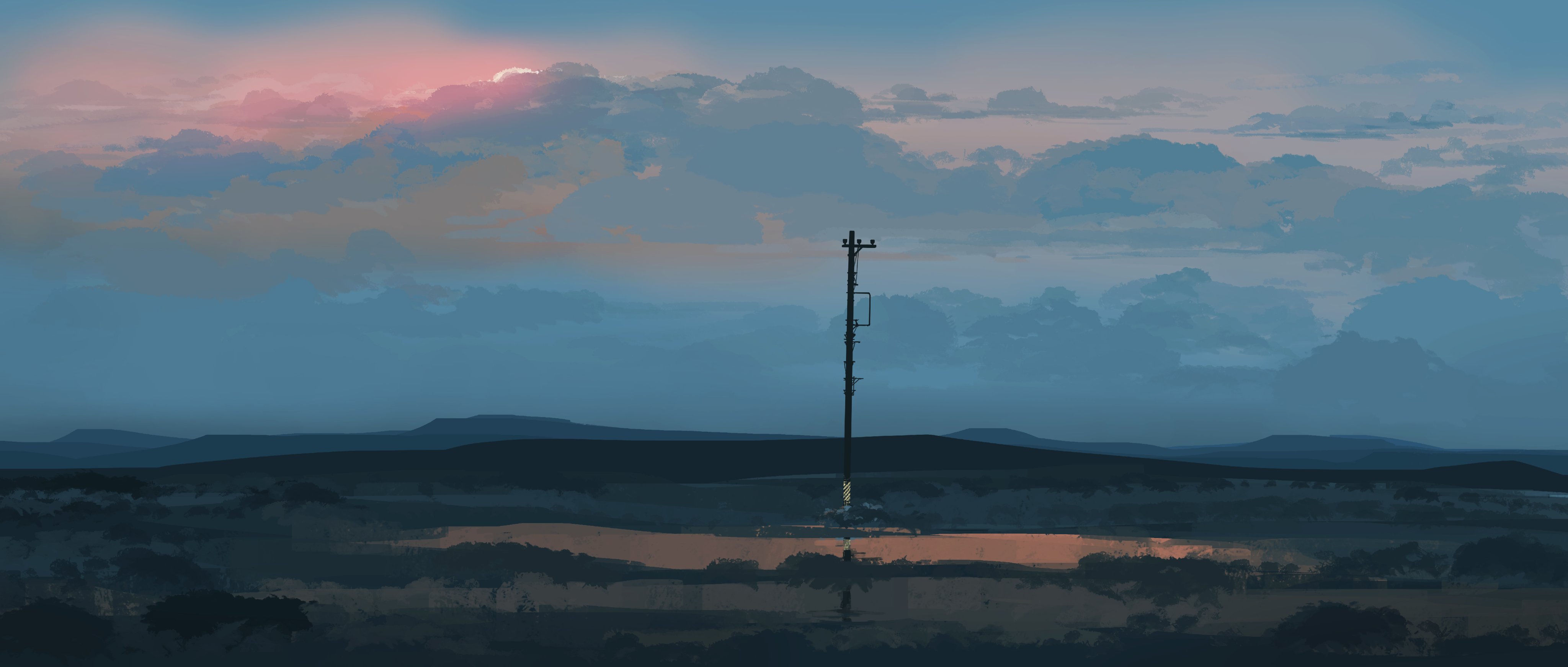 a lone telephone pole stands in the middle of a vast, empty desert landscape. the sun is setting in the distance, casting a warm glow on the horizon. the sky is filled with soft, pastelcolored clouds. the overall atmosphere is one of serenity and solitude.