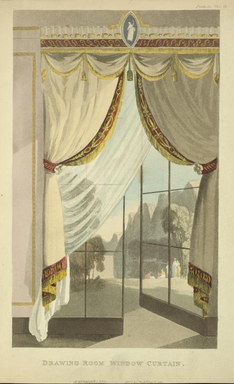 an illustration of a drawing room window curtain. the curtain is draped and tied back, revealing a sheer inner layer and a view of a landscape with trees, mountains, and people. the curtain is decorated with tassels, trim, and a valance. the illustration is vintage in style.
