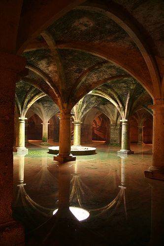 the image shows a subterranean cistern filled with water. the architecture features stone columns and arches, creating a historical and ancient atmosphere. the water reflects the arches and columns, enhancing the depth and dimension of the space. the presence of moss and dim lighting adds to the old and slightly eerie feel.