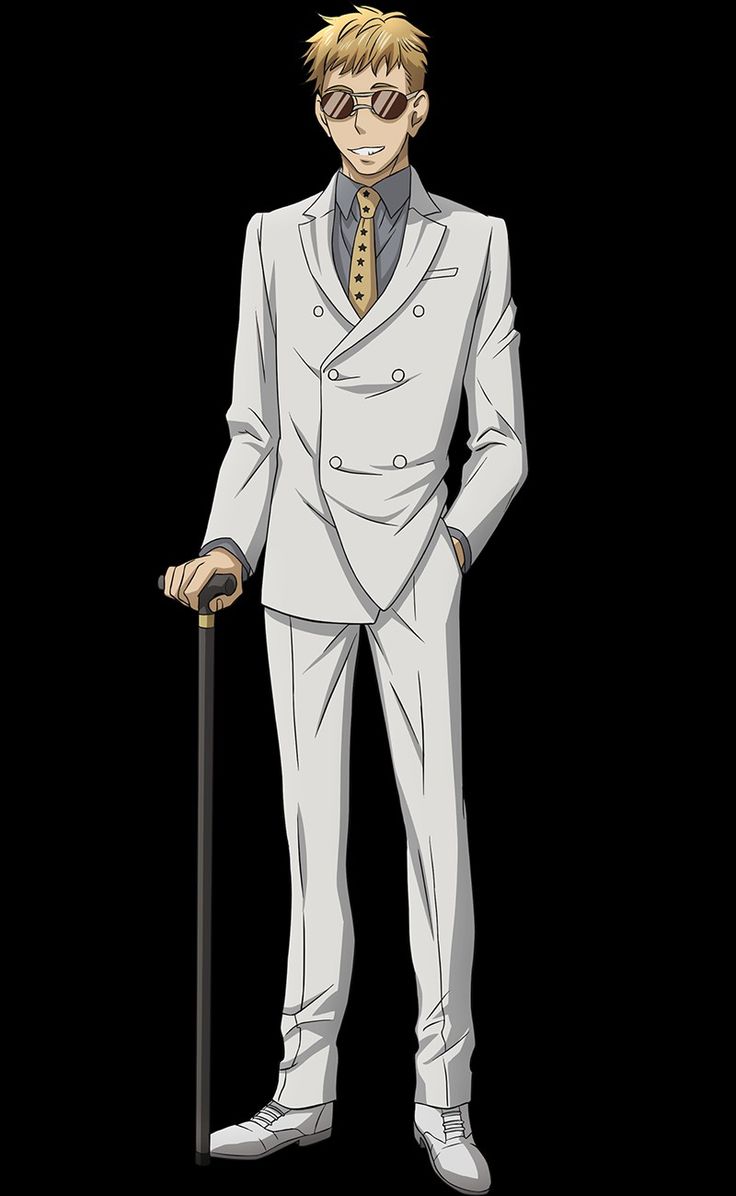 a fullbody illustration of a young, stylish anime character in a white suit and sunglasses. he's carrying a black cane, a gold tie with black stars, and has blonde hair. his serious expression seems to be reflecting a cool and calm personality.