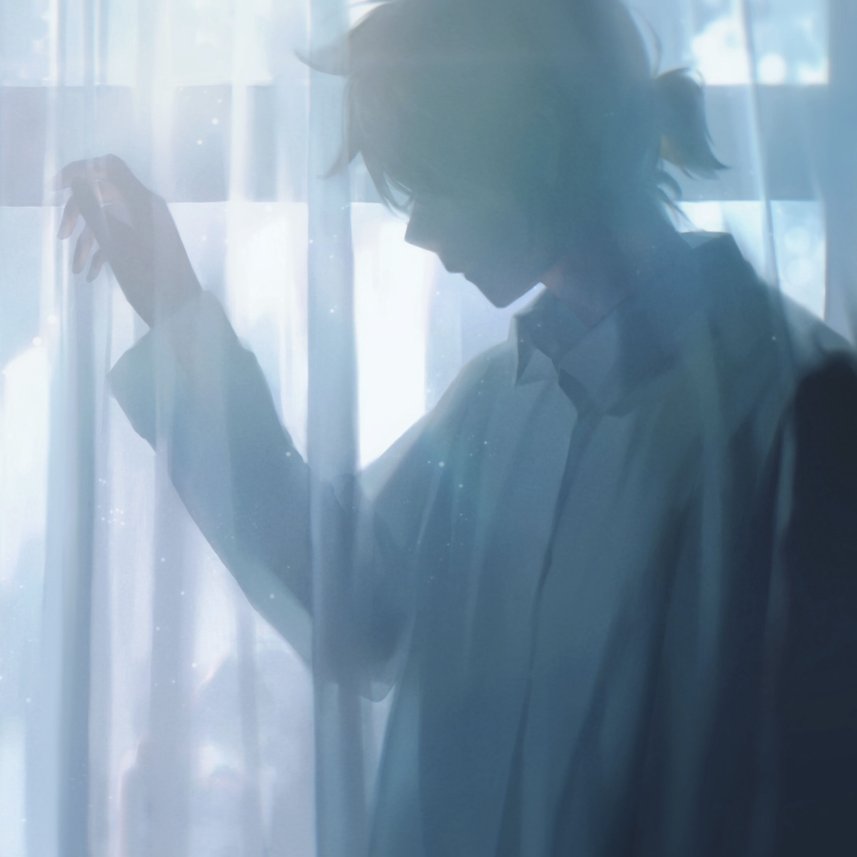 an animestyle silhouette of a male character stands looking down, positioned by a window with curtains. the character wears a shirt, and their hair is styled in a ponytail. the setting appears to be indoors.