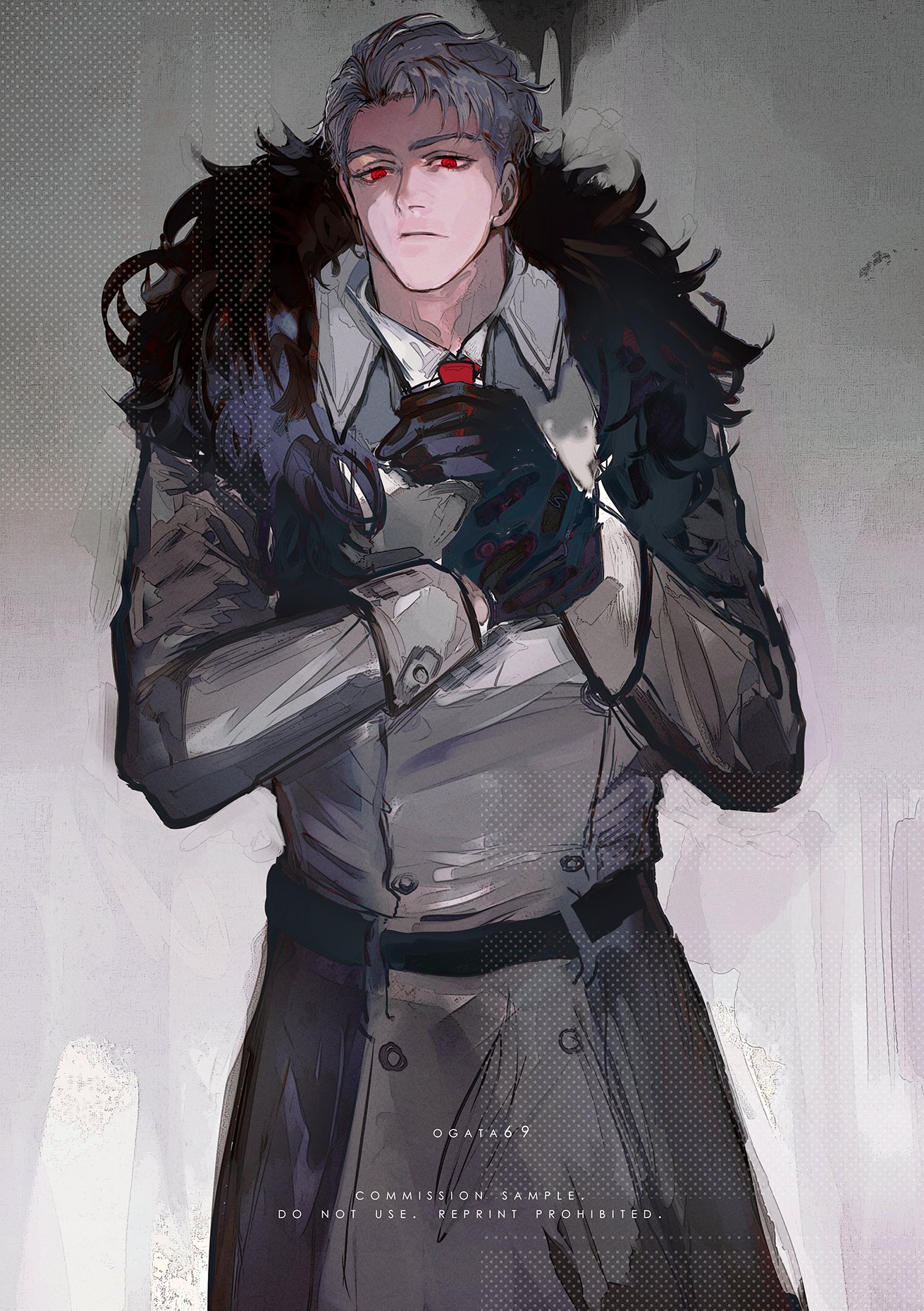 this is a digital painting of a man with white hair, red eyes, and a serious expression. he is wearing a long coat with a fur collar, gloves, and a red tie. the background is grey and the image is in a stylized anime style.