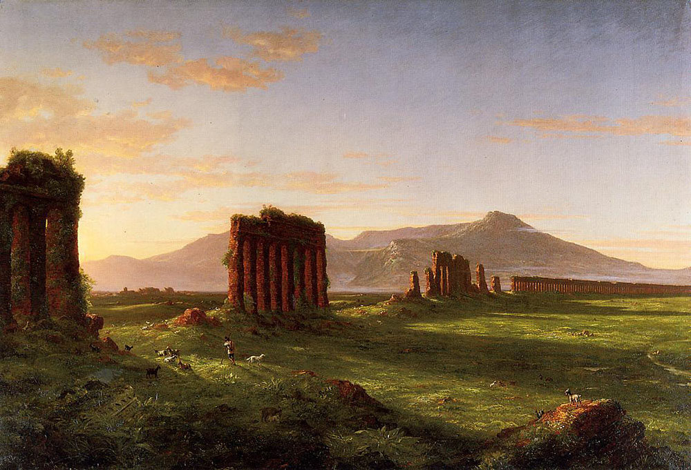 a landscape painting depicting the ruins of a roman aqueduct in the campagna romana at sunset. the foreground shows a grassy field with the remains of structures covered in vegetation. a shepherd and several dogs tend to animals scattered across the field. in the distance, mountains are visible under a sky with orange and pink clouds. the ruins of the roman aqueduct, marked by a series of arched structures and tall columns, stretch across the landscape.