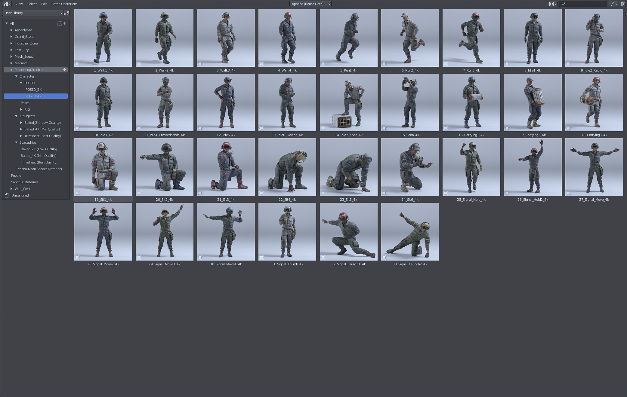 the image shows a screen capture of a 3d modeling software's library, displaying various poses of a soldier character model.  the poses are categorized and organized, with different quality levels (2k, 4k) and rendering types (baked, trimsheet) indicated.  the library shows a wide range of actions and gestures, including walking, running, scanning, carrying, and signaling.  the left panel shows a hierarchical structure of the assets within the library, indicating the different folders and categories available.  the overall impression is that of an organized collection of 3d assets ready for use in a game or other 3d application.