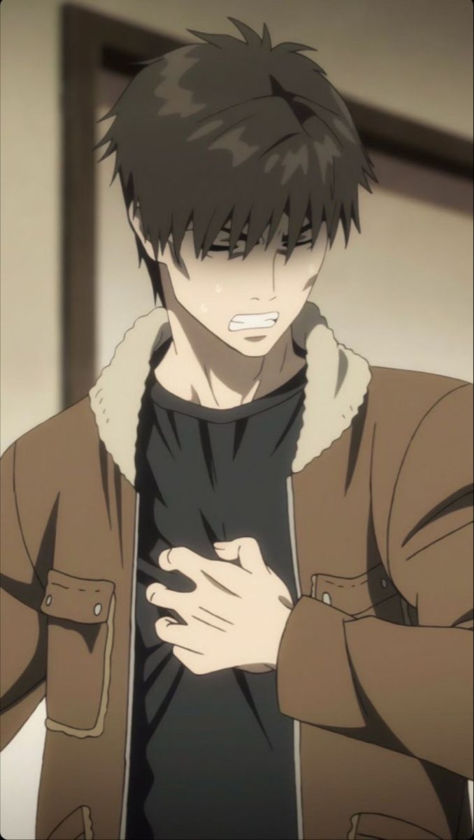 this is an anime image of a male character. he has brown hair and is wearing a brown jacket over a black shirt. he has his hand on his chest and is looking at the viewer with a distressed expression. his mouth is slightly open and his eyes are wide. he appears to be feeling sad, upset, worried, or concerned. he may be experiencing emotional distress.  he is looking concerned and tired.  the image evokes a sense of melancholy.