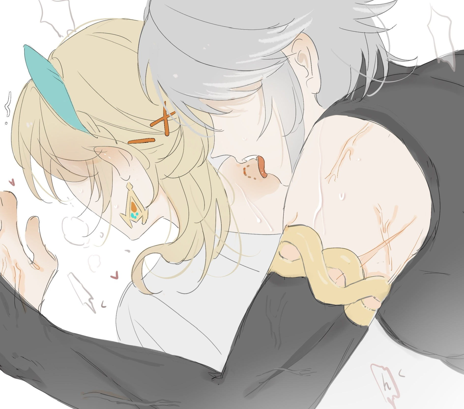 this illustration features two anime girls, one with long blonde hair and a teal ribbon in her hair, and the other with long silver hair. the silver haired girl is embracing the blonde haired girl, who is blushing, with her arms wrapped around the blonde girl's waist. the silver haired girl is leaning in for a kiss.  both girls have a sweet and innocent expression, and the overall atmosphere of the illustration is romantic and heartwarming. the light sketchlike style adds to the charm of the image.