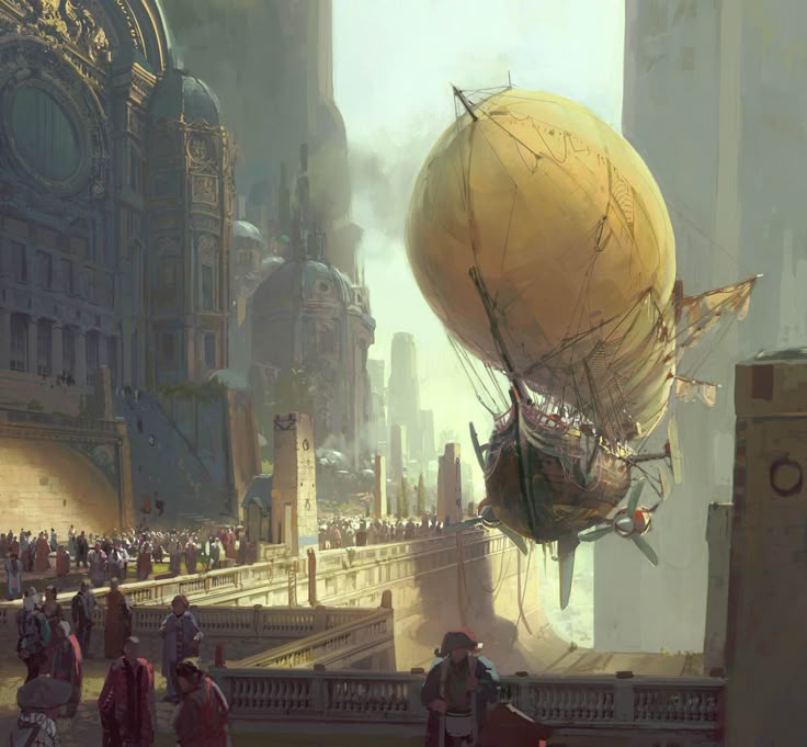 the image depicts a large, yellow airship floating above a crowded plaza in a steampunkstyle city. the city is characterized by ornate, historical buildings and tall, narrow structures. a crowd of people is visible in the plaza below, looking up at the airship. the overall atmosphere is one of fantasy and adventure, with a blend of historical and futuristic elements.
