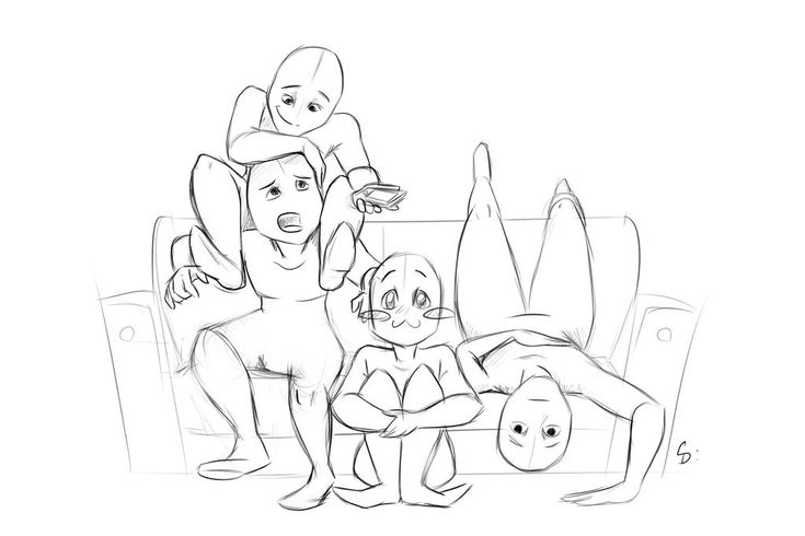 this image is a sketch of four people in different poses. the first person is sitting on a couch with their legs crossed. the second person is sitting on the couch with their legs straight out in front of them. the third person is laying on the couch with their head hanging off the side. the fourth person is sitting on the couch with their legs crossed and their arms around their knees. this image could be used as a reference for drawing poses or creating characters.