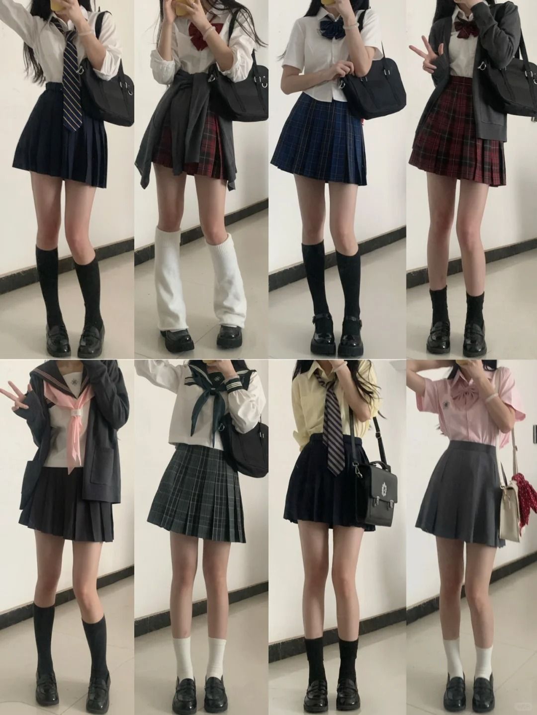 the image shows a collection of various school uniform outfits displayed sidebyside against a white wall. each outfit features a pleated skirt paired with kneehigh socks and loafers. the tops range from collared shirts with ties or bows to blouses, often accessorized with blazers, cardigans, or shoulder bags. the skirts come in different colors and patterns, including solid colors and plaid. the overall aesthetic leans towards preppy and is reminiscent of japanese and korean school uniforms.