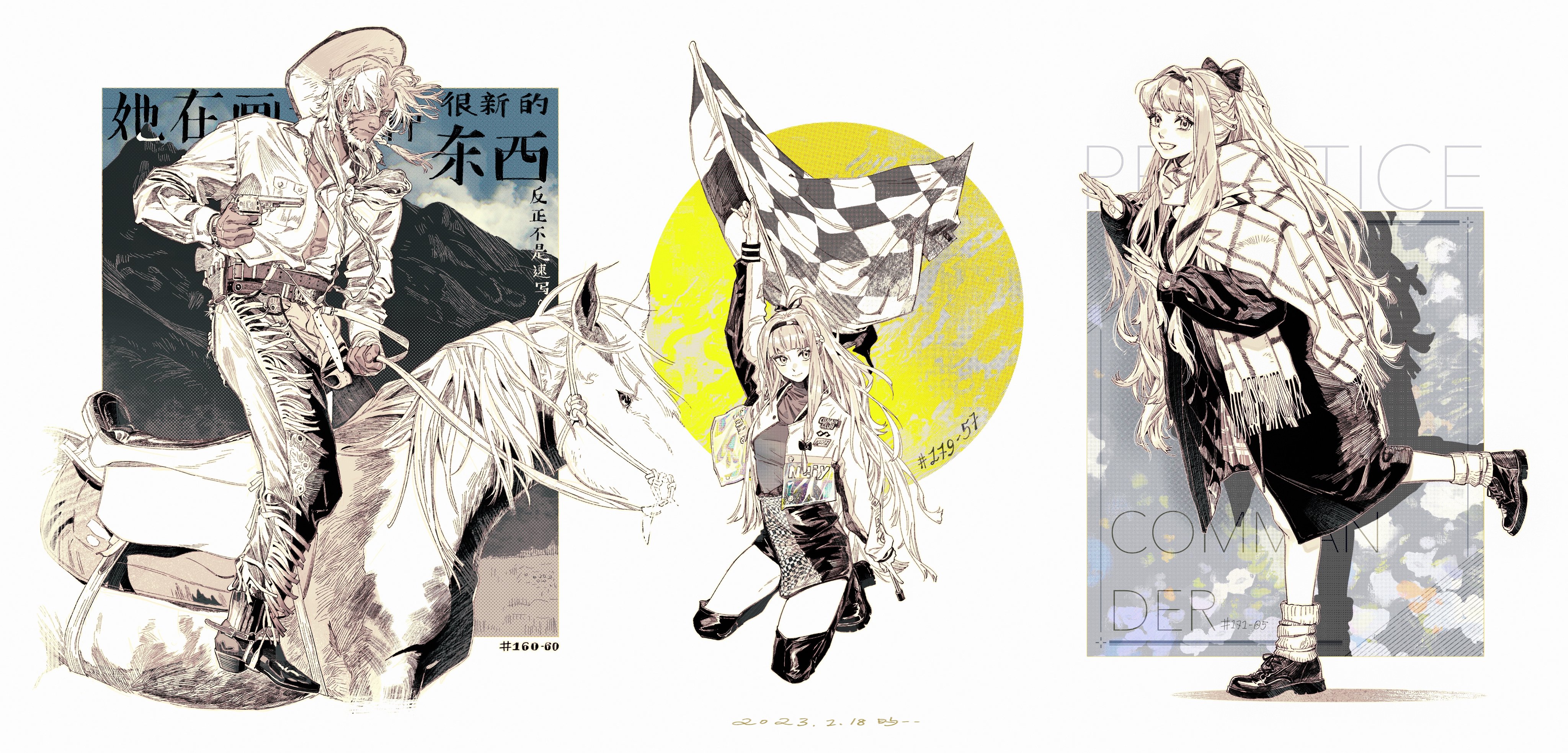 this is a digital illustration depicting three different anime characters in different styles. the first character is a cowboy woman riding a horse. she wears a white shirt and brown pants. the second character is a woman in a white jacket, holding a checkered flag. the third character is a woman in a black dress and white scarf.  the illustration is drawn in a manga style and incorporates elements of western, racing, and fashion. the illustration is drawn in black and white with a muted color palette. the artist's signature and hashtags are seen at the bottom.