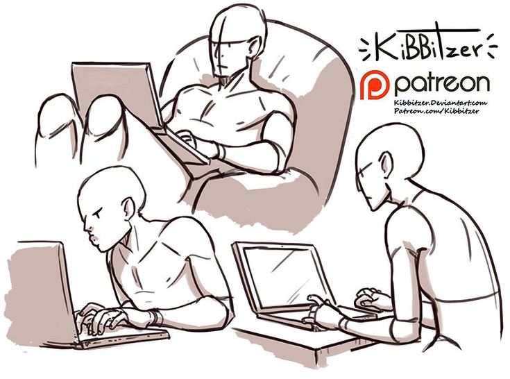 this is a digital art drawing tutorial showing different poses for people using laptops. there are three different poses. the first pose is of a person sitting in a chair with their legs up, while looking down and using a laptop. the second pose is of a person sitting in a chair with their legs down, while looking at the laptop and using it. the third pose is of a person sitting at a table, with their legs crossed and looking at the laptop and using it.