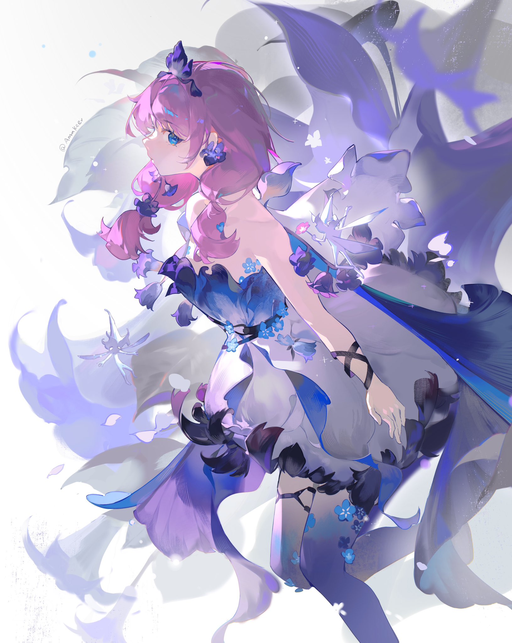 the image features an anime girl with purple hair and blue eyes. she is depicted in a profile view, wearing a dress adorned with floral and butterfly motifs. the overall aesthetic is fantasyinspired, with light and ethereal qualities. it appears to be an illustration.