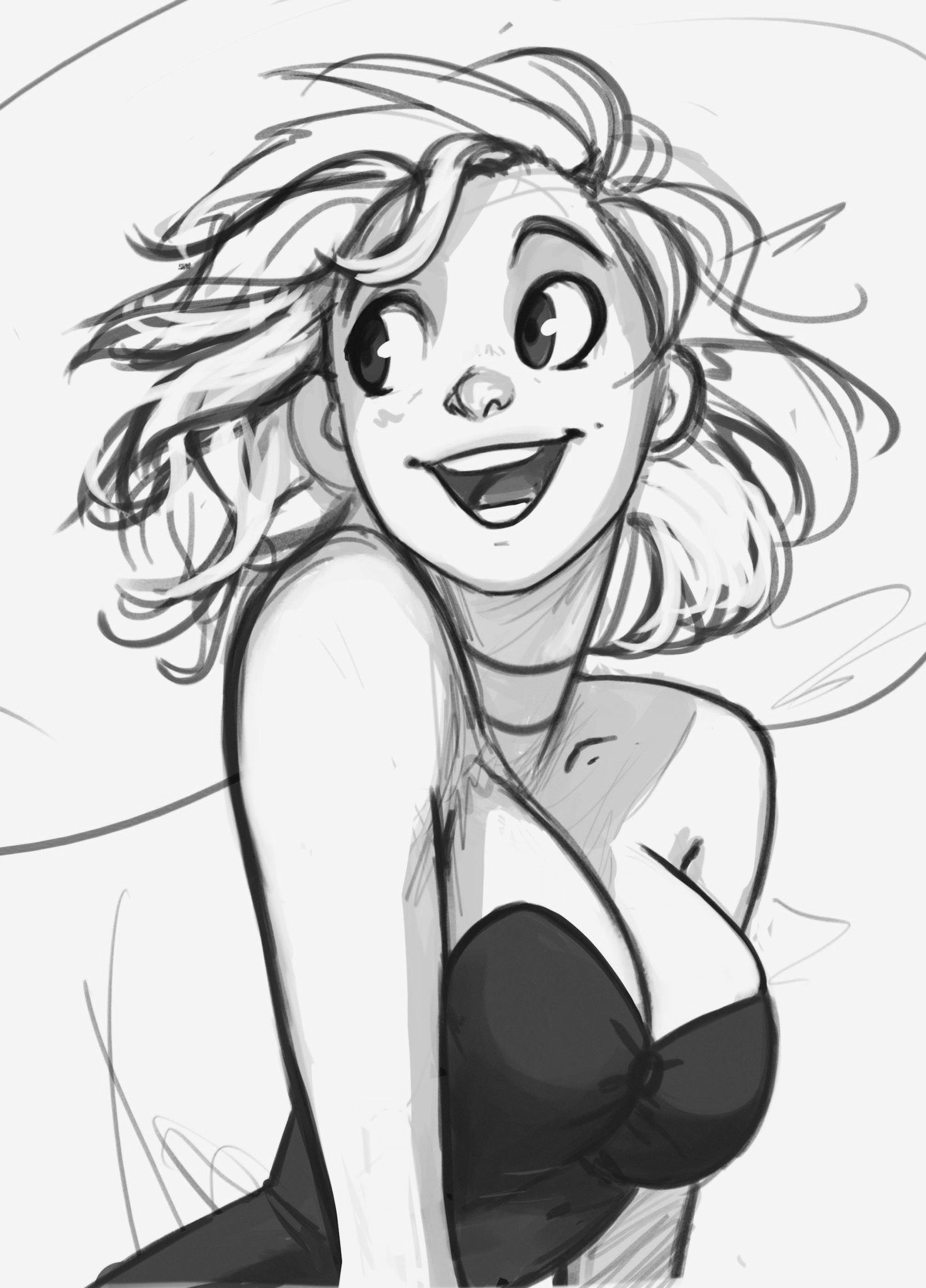 a black and white sketch of a smiling woman. she has short, wavy hair and is wearing a lowcut dress. the image is drawn in a stylized, cartoonish manner, emphasizing her curves and features.