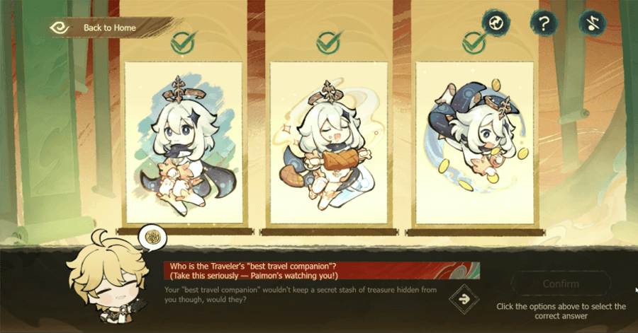 this is a scene from the popular video game genshin impact.  it's a quiz that asks the player to choose the "best travel companion" for the traveler. the player must choose between three options, each featuring a different character.  the game also teases that paimon, a beloved character in the game, is watching the player and will know if they choose incorrectly.