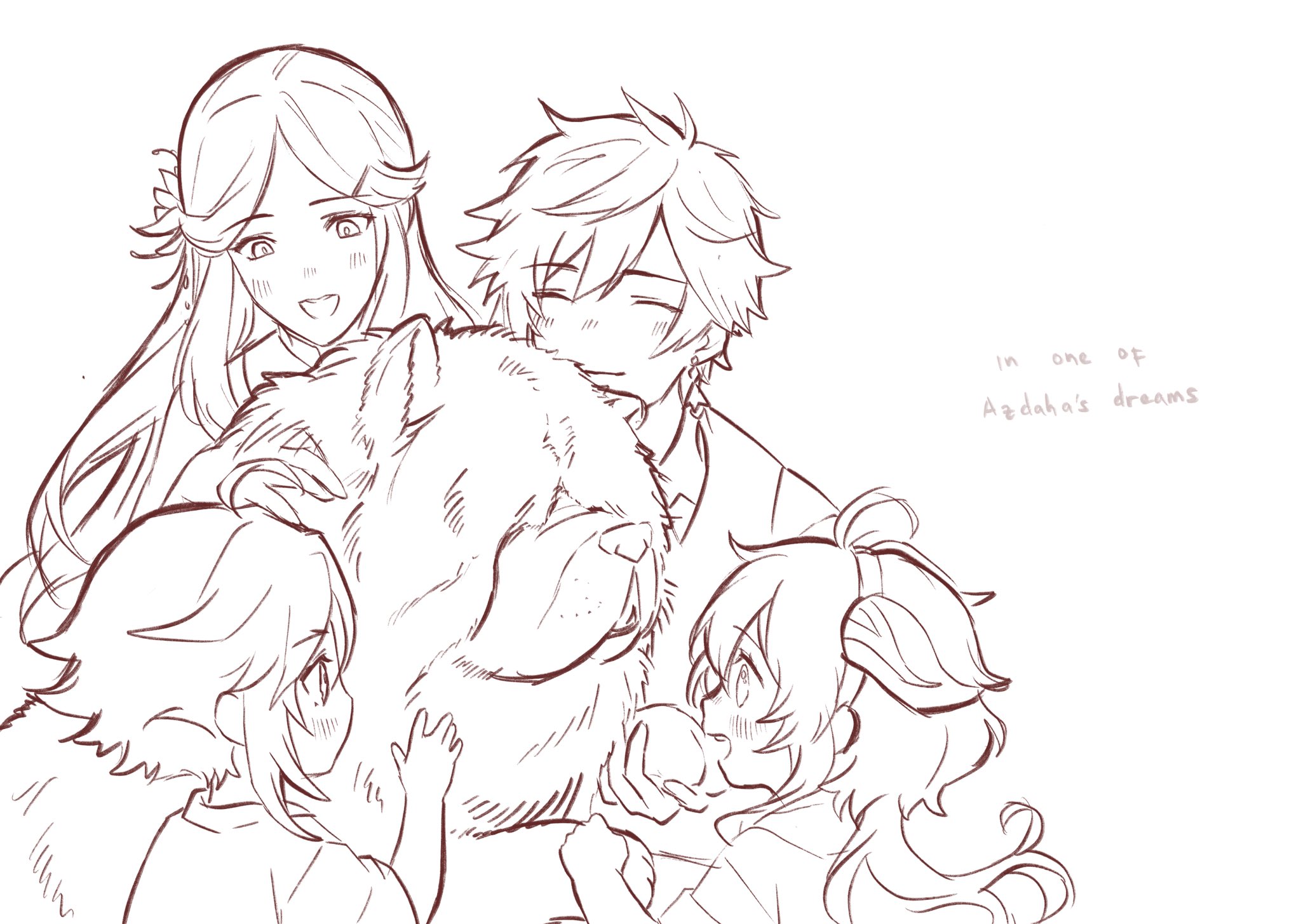 a digital illustration depicting a sketchlike drawing of a group of animestyled characters, primarily females, surrounded by a large doglike creature. the characters are all smiling and seem to be in a peaceful, happy state. the image has a soft, gentle aesthetic, with the characters being depicted in a carefree and cozy way. the art style is similar to that of manga, with the use of simple lines and minimal shading. the background is mostly white, with some light shading around the figures. the text above the group reads "in one of azdaha's dreams", suggesting a narrative setting and the characters' connection to a dream.  overall, the illustration evokes a sense of warmth, camaraderie, and perhaps a connection to a fantastical world.