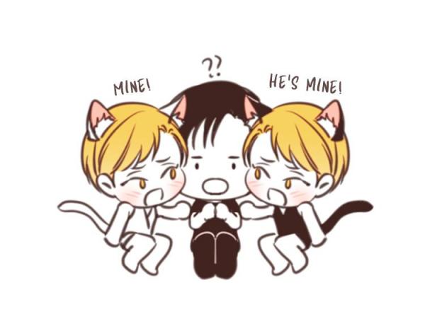 he image is a cute chibistyle illustration of three animestyled boys. two of them, with blond hair and cat ears, are vying for the attention of the boy in the middle, who has dark hair.  the blond boys are expressing their possessiveness with speech bubbles that say "mine!" and "he's mine!".  the central figure appears somewhat surprised or amused. the overall style is playful and lighthearted, with soft colors and simple lines.