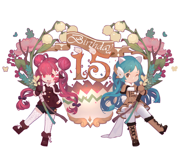 the image features a digital illustration of two anime girl characters, one in pink and one in blue, holding flowers and standing in front of a birthday cake. the background is a whimsical design with floral wreaths and the number "15" in a stylized font. the image celebrates a happy birthday with a festive and colorful design.