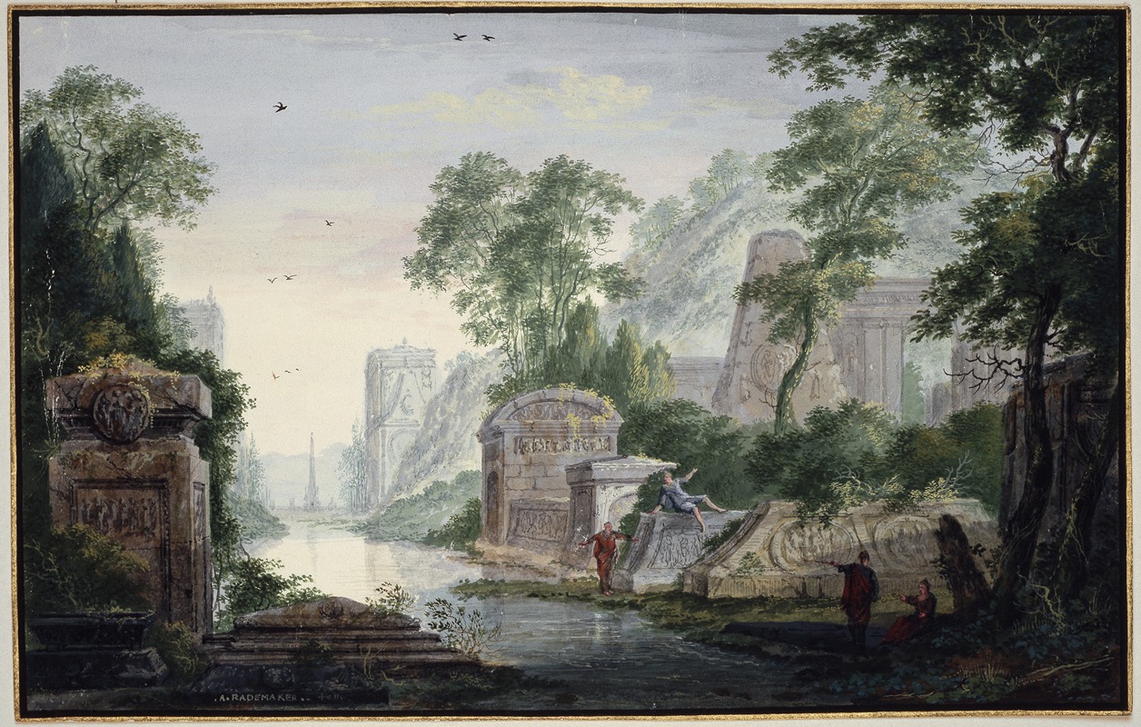 a painting depicts a classical landscape with ancient ruins along a river. the scene includes various figures amidst the ruins, trees, and lush greenery. in the distance, architectural structures and an obelisk can be seen under a sky with birds. the ruins are overgrown with moss and foliage, adding to the timeless atmosphere of the painting.
