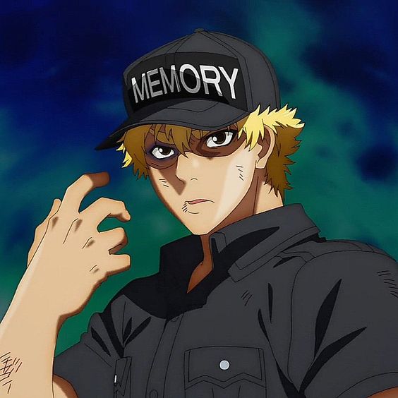 aki hayakawa from chainsaw man, wearing a black baseball cap that says "memory" on it. he is making a gesture with his right hand, holding up his index and middle finger together. he has dark circles under his eyes. the background is blue and turquoise. the lighting is dramatic.
