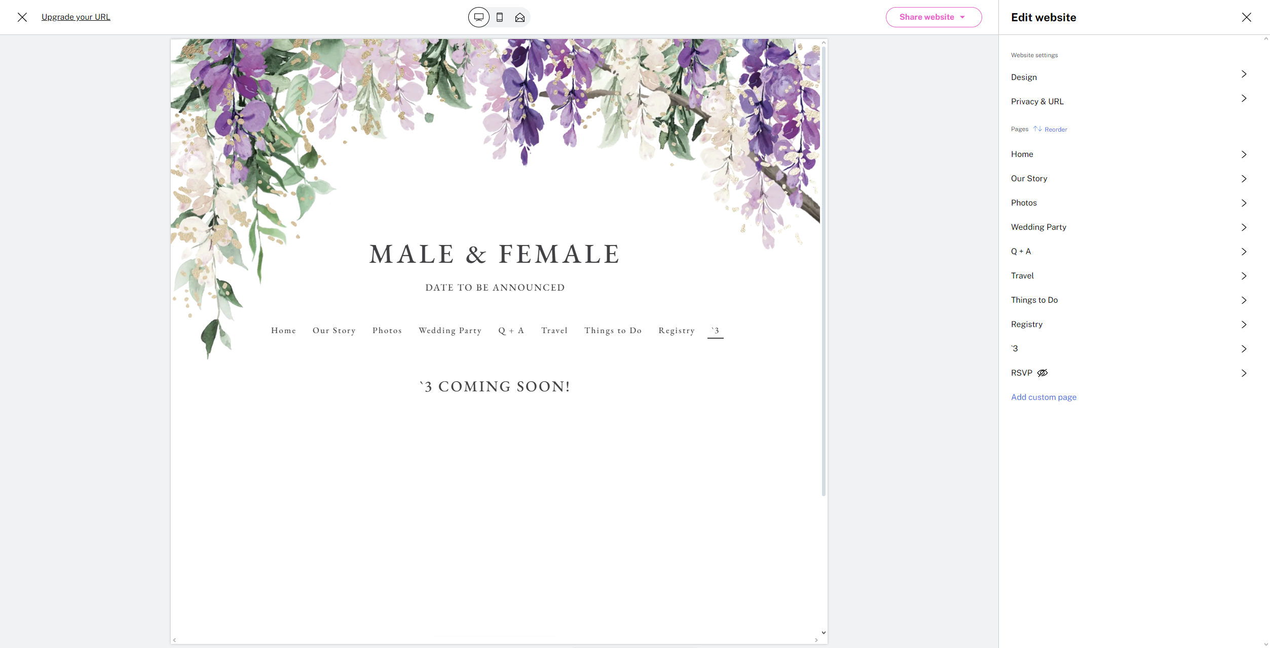 the image shows a screenshot of a website builder interface. the website being built is a simple wedding announcement with a "coming soon" message. the design features a delicate watercolor illustration of purple wisteria flowers cascading down from the top against a white background.  the website's menu options are visible on the right side.