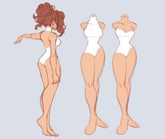 a sketch of a female figure in three different poses. the figure is wearing a plain white bodysuit and has curly hair pulled back from her face. the poses are drawn from the side and front views, and are intended as a reference for artists.