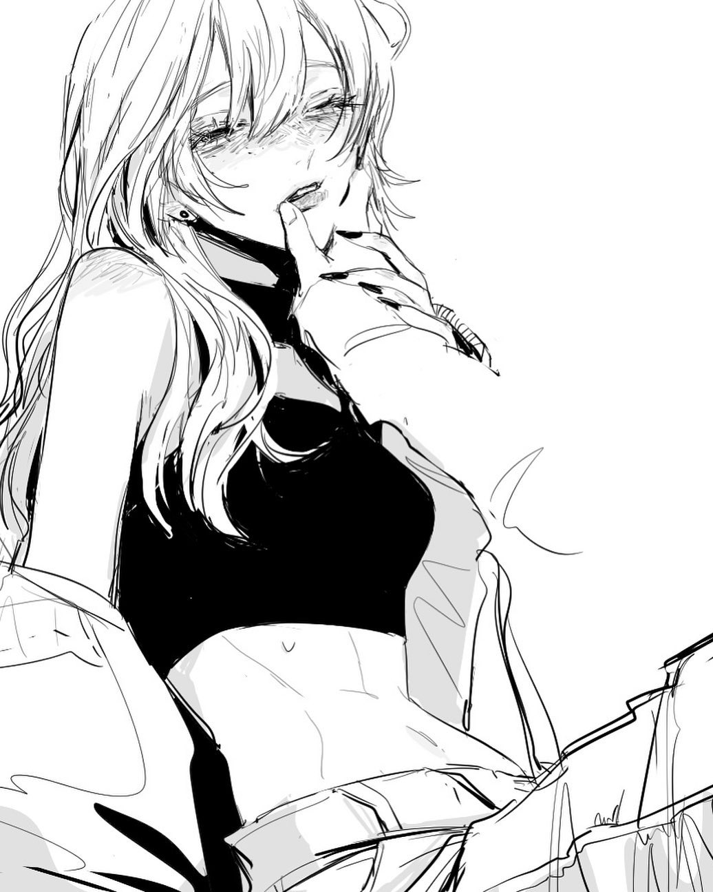 this is a black and white sketch of a woman with long hair in a casual outfit. her expression is cute and she has her hand up near her mouth.