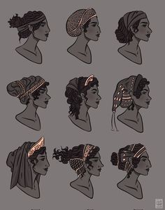 nine sideview portraits showcase various ancient greek hairstyles and headwear, rendered in a muted palette with subtle golden highlights.  each portrait is meticulously detailed, offering a glimpse into the diverse fashion choices of women in ancient greece.