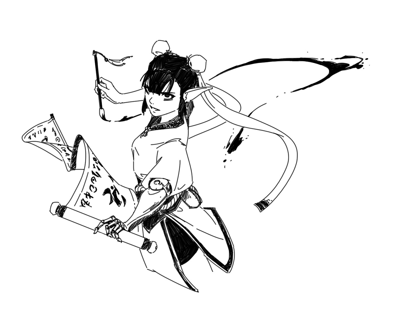 the image is a dynamic black and white ink drawing or sketch of a female elflike character in a flowing robe. she appears to be a warrior or martial artist, wielding a scroll or flag that's partially unfurled.  she has a serious expression and a mechanical or robotic arm, creating a blend of fantasy and scifi elements.  the style is reminiscent of anime or manga, with expressive lines and dramatic motion suggested by her pose and the ink splatters in the background.  the overall impression is one of power and grace.