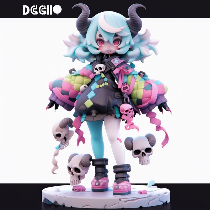 a 3d model of a cute animestyle girl with horns and a pink and blue outfit.  she is holding a skull in her right hand. she is standing on a white base, and the background is white. the model has a goth aesthetic with skull and horns, and is dressed in a colorful, layered outfit with a black jacket. the model's features include large eyes, long hair, and a cute expression.