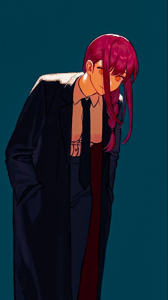 this is a digital illustration of a woman in a dark blue suit jacket, with her long pink hair in a braid. she is wearing a white shirt and a dark red tie. she has a smile on her face and is looking down, her orange eyes are visible. the background is dark blue.