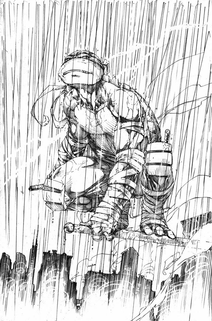 a black and white pencil drawing of a ninja turtle, a popular fictional comic book superhero character, standing on the top of a building in a city. the drawing depicts the superhero in an action pose. the background is a city, with a strong sense of rain. there is a lot of shading and texture in the drawing.  the image is a strong and dynamic composition.