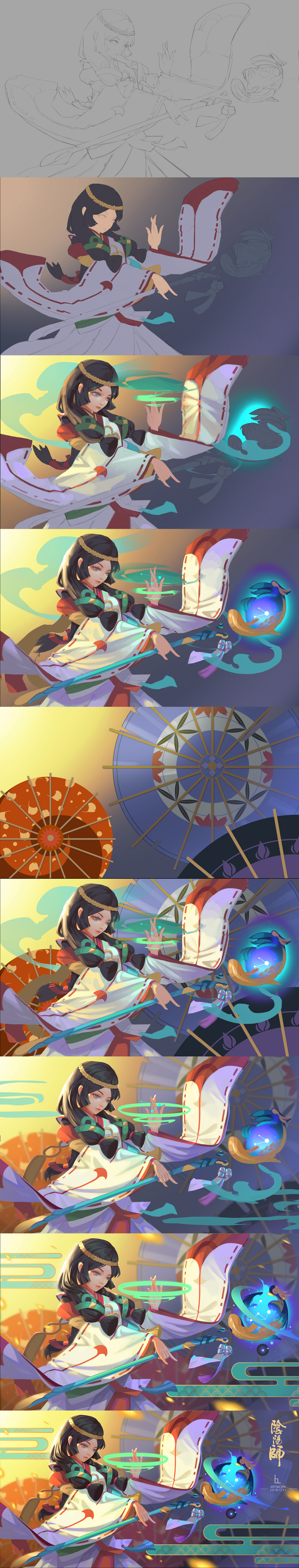 this is a digital painting of an anime woman, with long black hair, wearing a white and green dress with white wings. she is standing in a blue and green mystical setting. the background is a collection of layered images showing the progress of the digital painting.