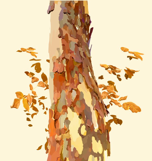 a stylized illustration or painting depicts a section of a tree trunk with peeling bark, predominantly in shades of orange, brown, and beige.  autumn leaves in similar warm tones are scattered around the trunk, some appearing to be falling or already on the ground. the style is somewhat abstract, emphasizing texture and color rather than precise botanical detail. the background is a pale, creamy yellow.