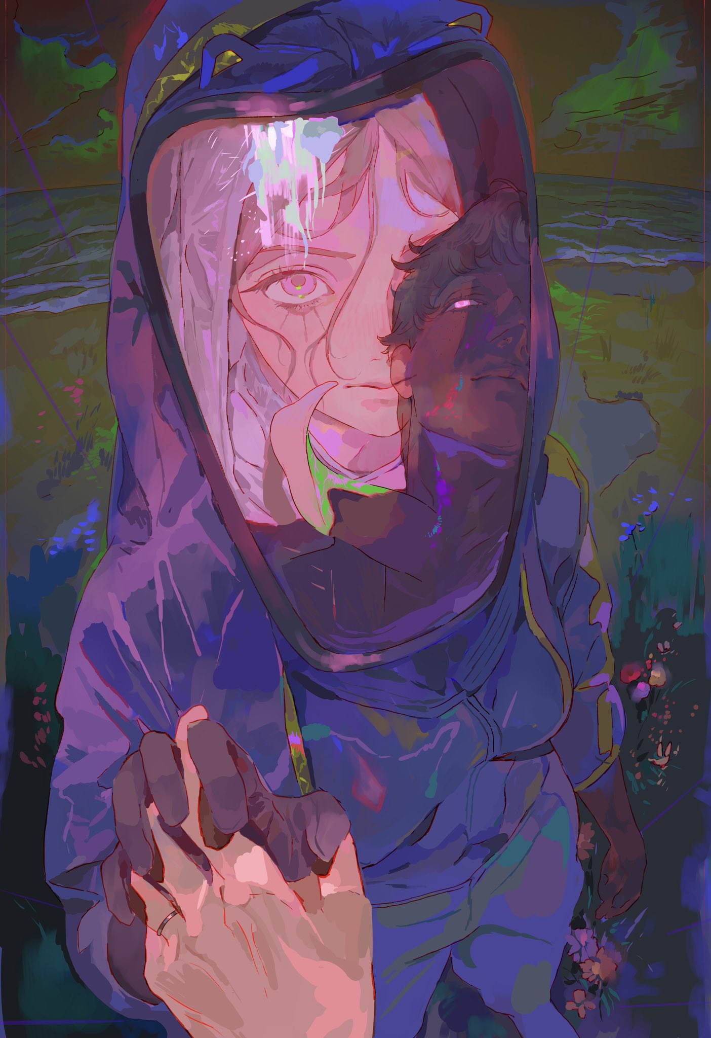 an abstract digital illustration depicts a figure wearing a purple and blue hoodie. the figure's face is split into two contrasting halves. on one side, a softer, almost ethereal face with a single visible eye that seems to be crying neon tears. the other half shows a dark, shadowed face with glowing white eyes looking upwards. behind the figure is a blurred background that seems to be a beach with the ocean, rendered in pastel and neon hues. in the foreground, a hand with a wedding ring reaches out, as if to touch the figure. the artwork has a melancholic and surreal feel, with elements of fantasy and abstract art.