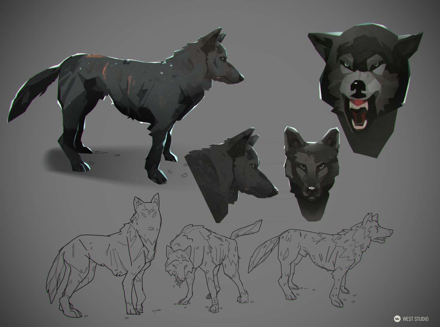 the image presents concept art of a stylized black wolf. it showcases the wolf in various poses and angles, including side, front, and threequarter views. the art style emphasizes sharp angles and a lowpoly aesthetic, creating a visually striking representation of the animal. the color palette primarily consists of dark grays and blacks, adding to the wolf's sleek and powerful presence.