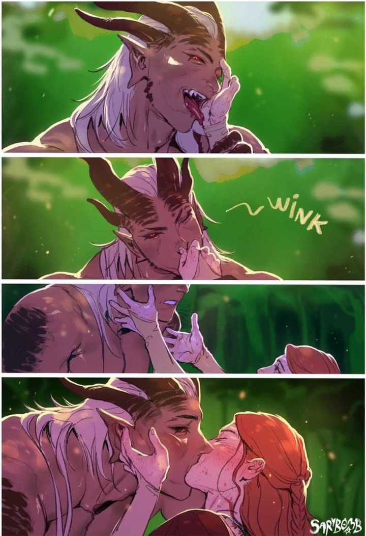 the image is a fourpanel comic strip featuring a tiefling (a humanoid creature with demonic ancestry) and a woman with red hair in a romantic encounter, likely in a forest setting. in the first panel, the tiefling is licking a woman's hand, seemingly in a playful or seductive manner. the second panel shows the tiefling winking. in the third panel, the woman's hands are on the tiefling's face. the final panel depicts them kissing tenderly, with their faces close and hands touching. the art style is colorful and illustrative.