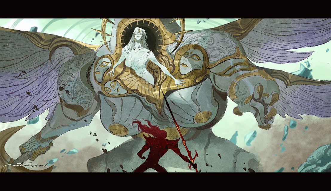 a fantasy art piece depicting a winged creature, potentially an angel, in combat with a warrior. the angel is large and imposing, with a majestic appearance. the warrior is smaller but equally determined, facing the giant creature with a spear. the scene is filled with energy and drama, hinting at a clash of immense power.