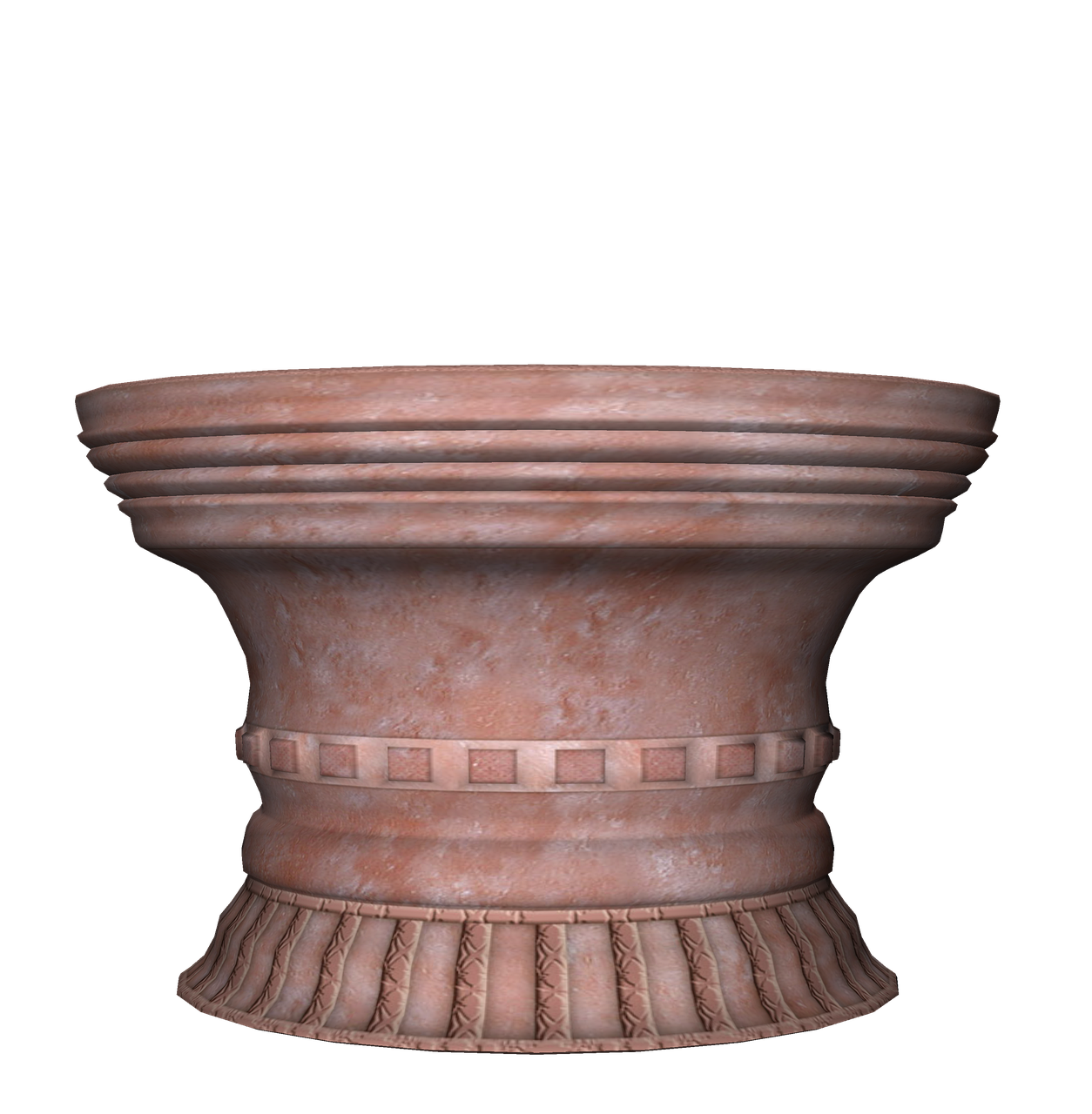 a terracotta vase or flower pot sits against a black background. the pot has a weathered appearance, suggesting it is made from terracotta. the design includes horizontal ridges at the top, a row of evenly spaced squares around the middle, and a patterned base.